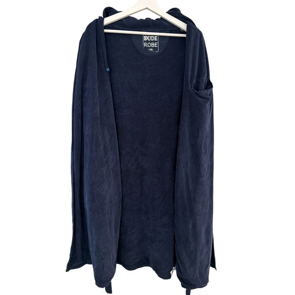 DudeRobe Mens Hooded Bathrobe Navy Blue Cotton Jersey L/XL Luxury Loungewear